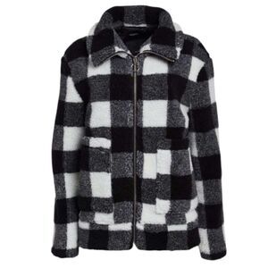 New Steve Madden Black & White Buffalo Plaid Fleece Zip-Up Women's Jacket